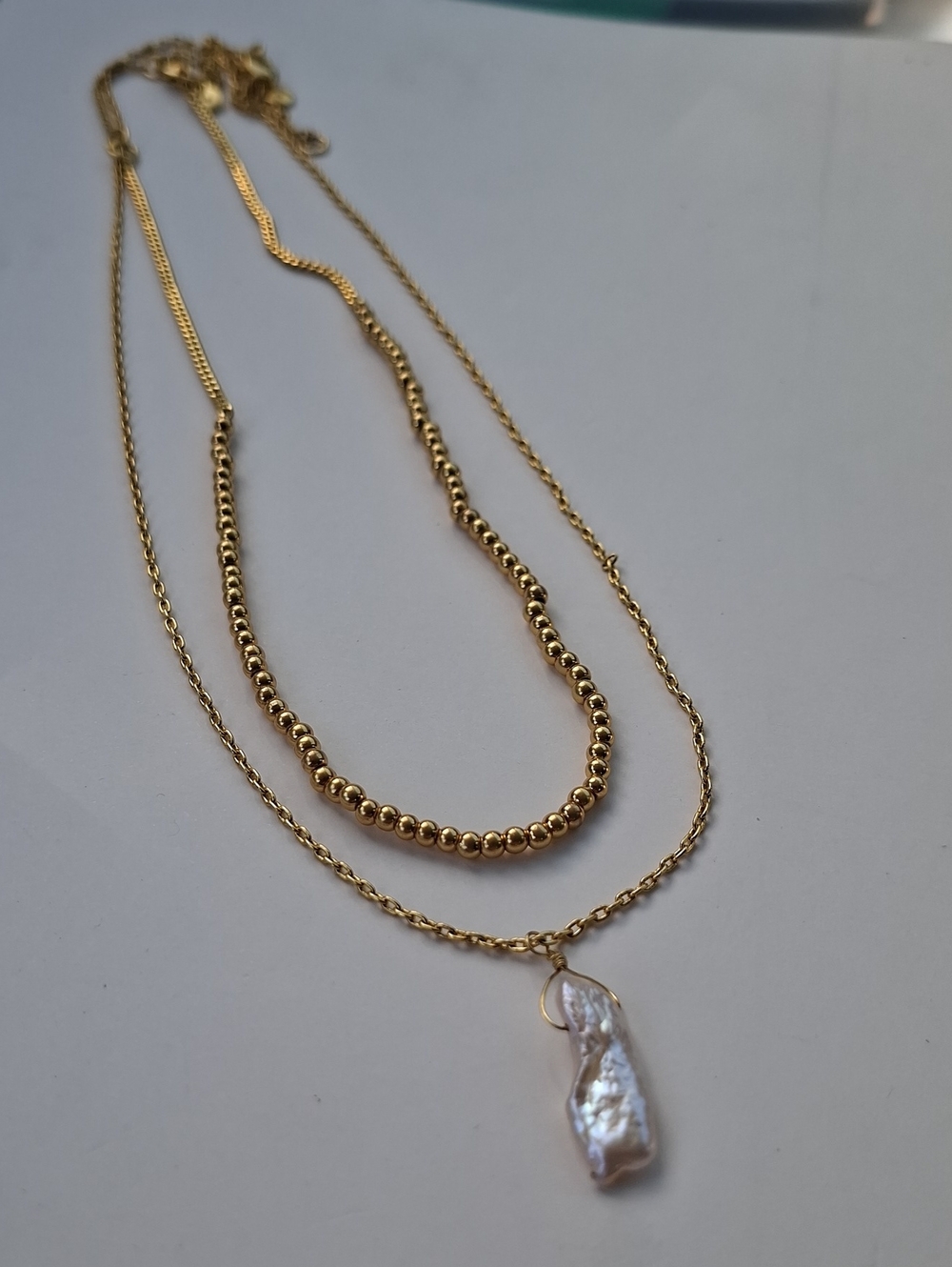 Madewell Gold Layered Beaded Chain Necklace Freshwater Baroque Pearl Pendant